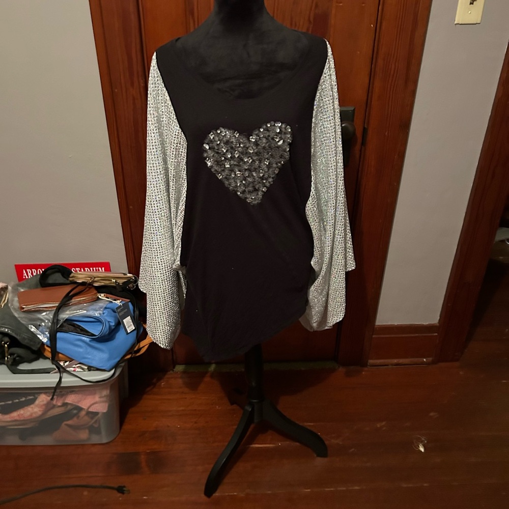 Black Top with Silver Heart Design